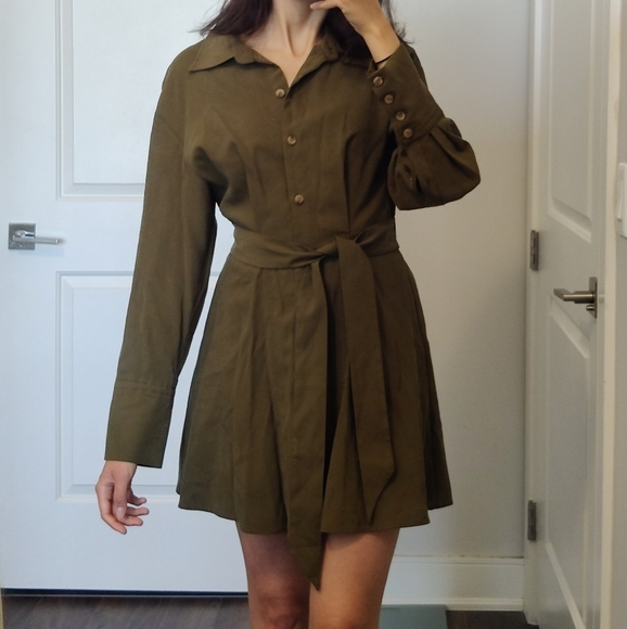NWT ZARA belted longsleeve button up shirt dress in khaki green - Picture 3 of 10